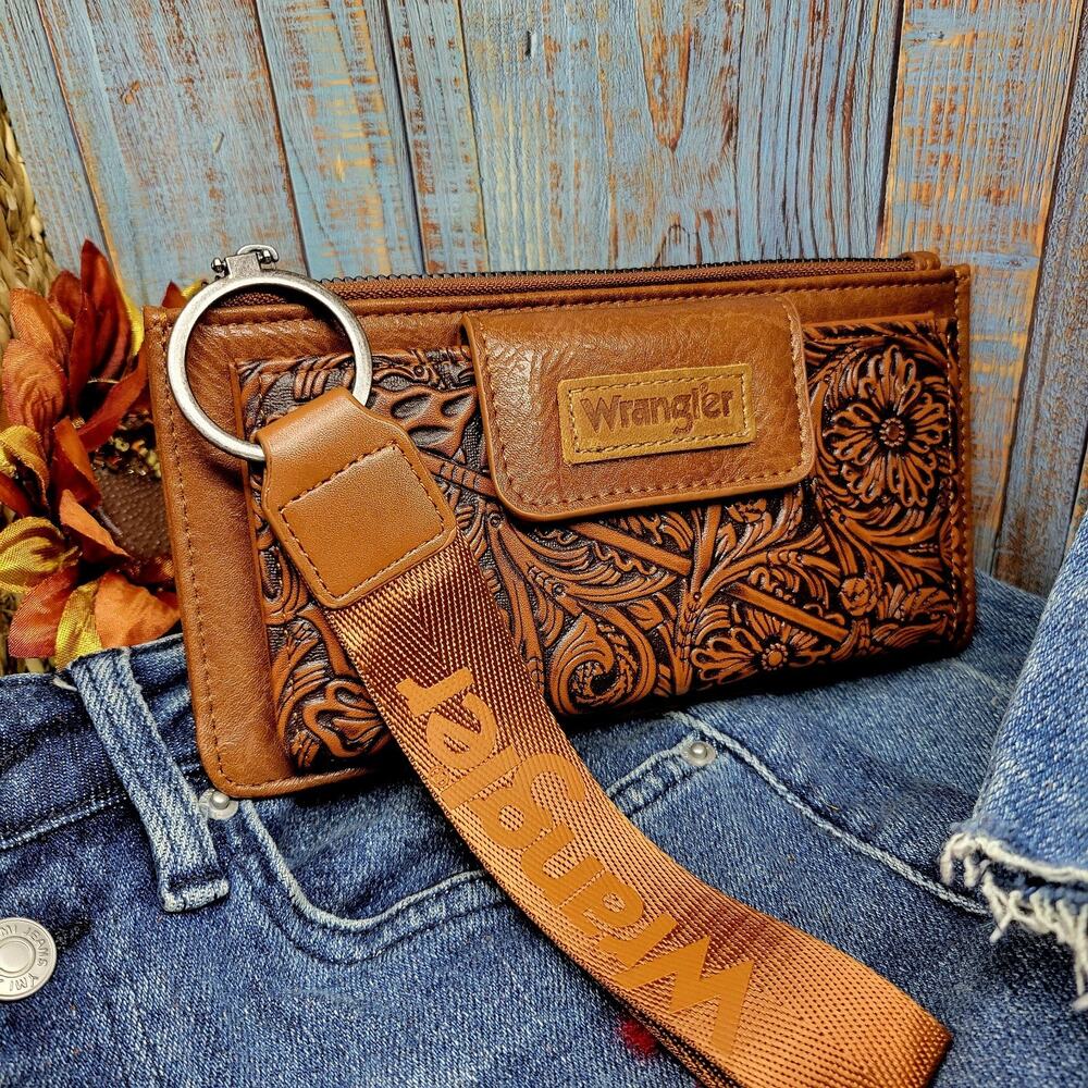 Wrangler Brown Floral Tooled Zip-Around RFID Blocking Leather Wallet